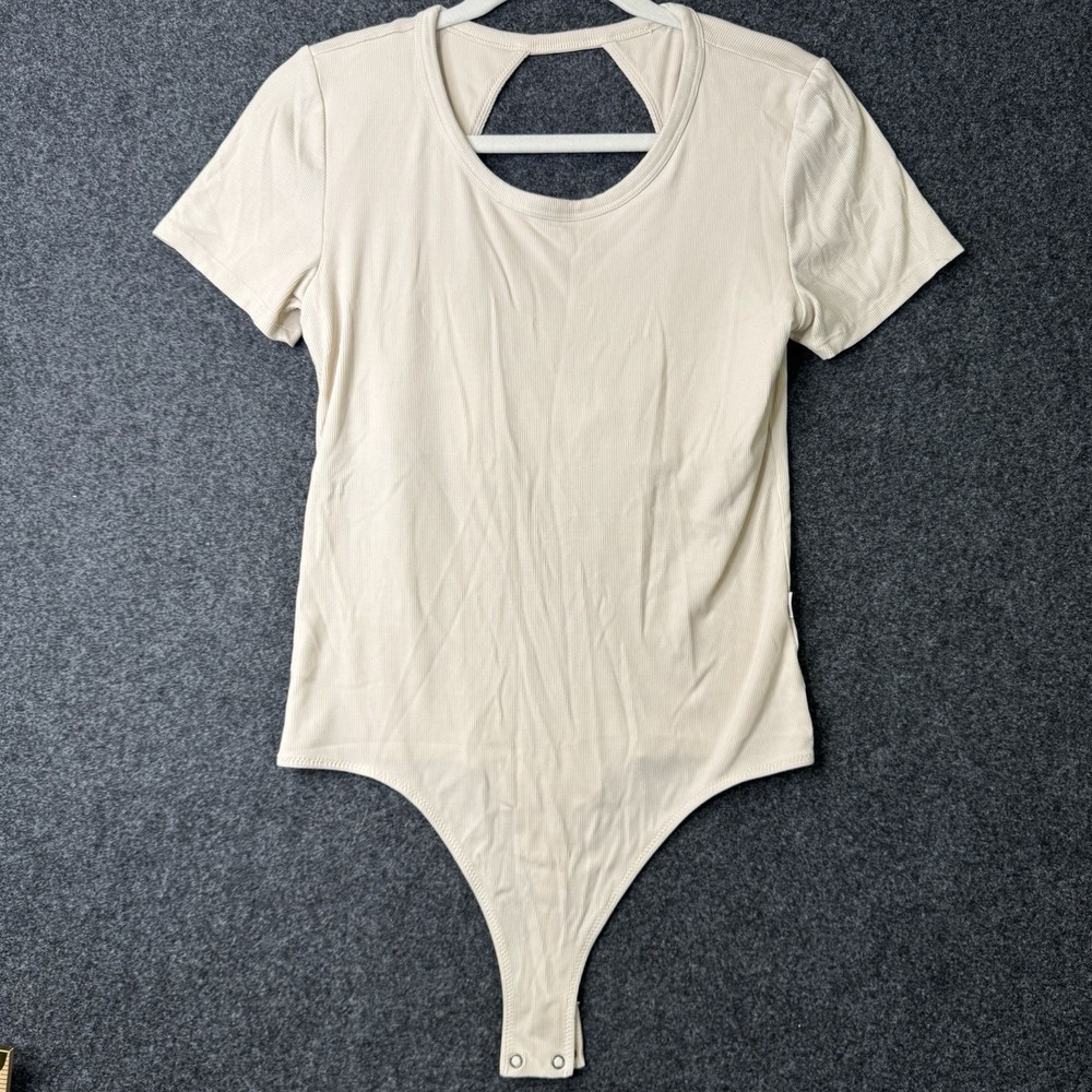 Vuori Ribbed Bodysuit Womens L Ivory Open Back Short Sleeve Stretch Tee Top